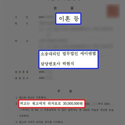 이혼 소송 유책배우자 직업군인 피고 의뢰인 대리하여 위자료·재산분할 감액 성공